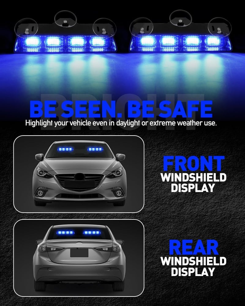 HLauto 2002L Emergency Dash Strobe Lights: Blue Safety Lights, Flashing Warning Hazard Windshield Visor Traffic Light Bars for Trucks, Construction Vehicles (2x8.5 inch, 48LED) - Image 3